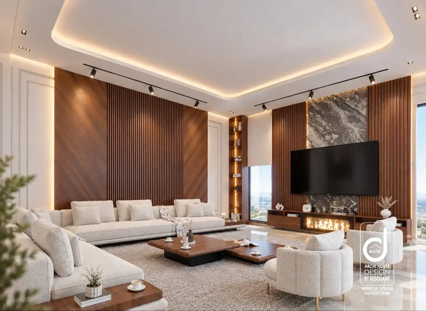 Salon avec murs en noyer et marbre, cheminée et éclairage indirect
