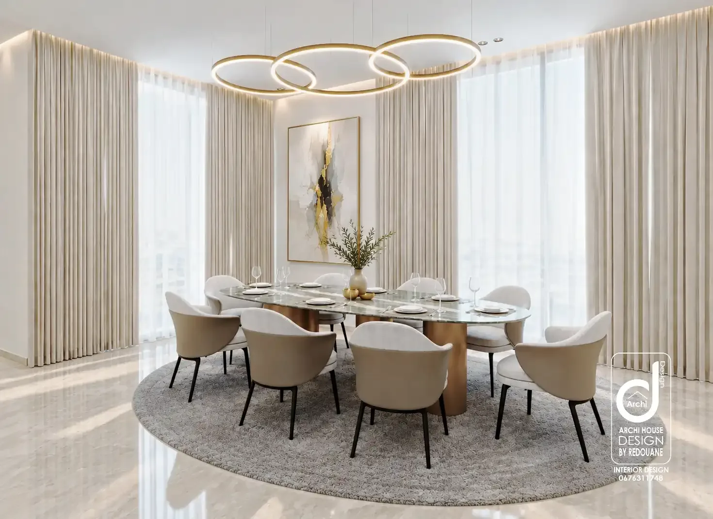 Salle à manger avec lustre en anneaux dorés et rideaux