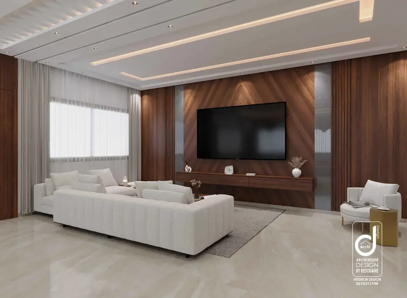 Salon avec mur TV en noyer et plafond lumineux